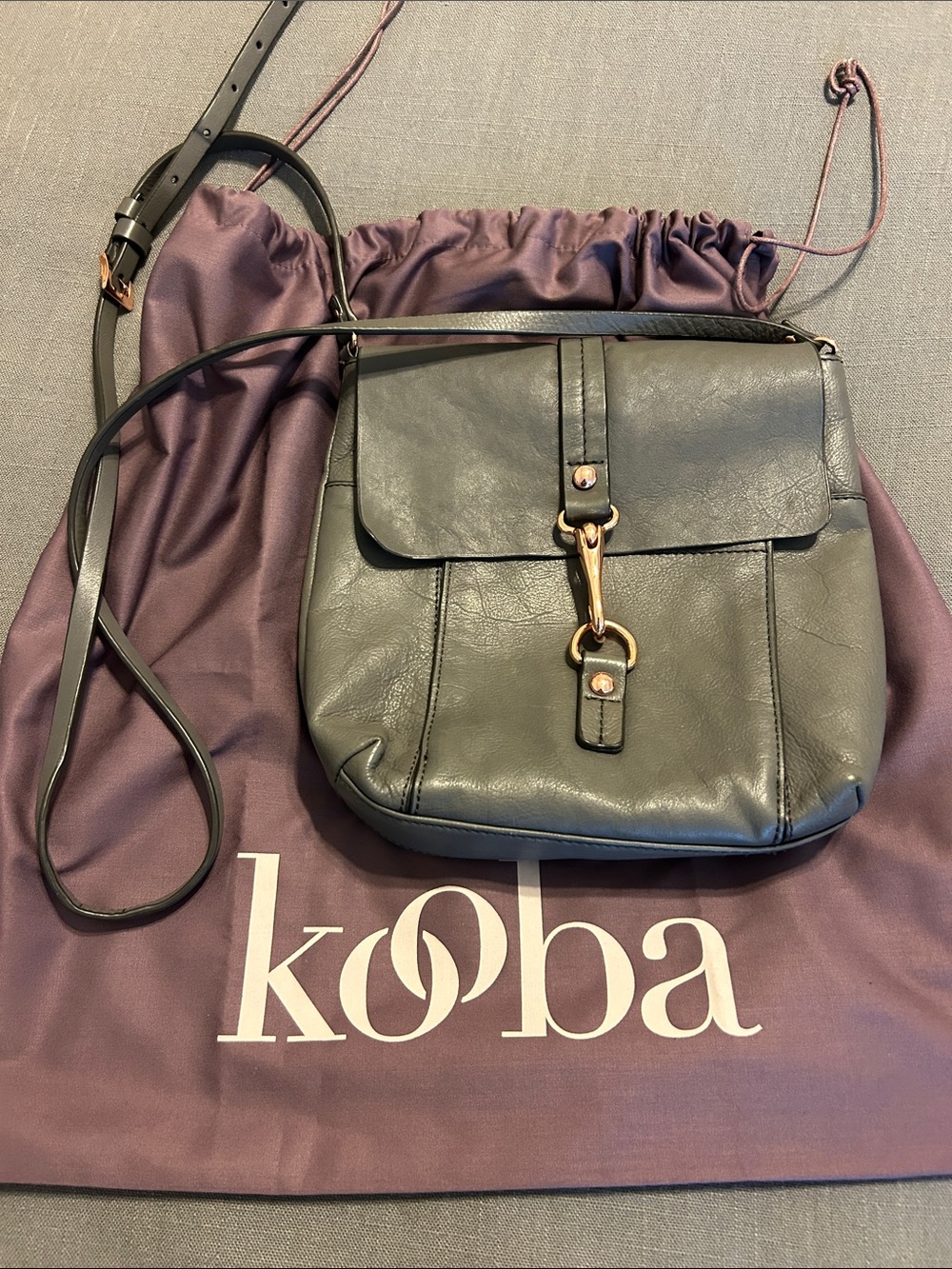 Kooba Leather Crossbody Bag in Dark Gray with Rose Gold Hardware with dust bag